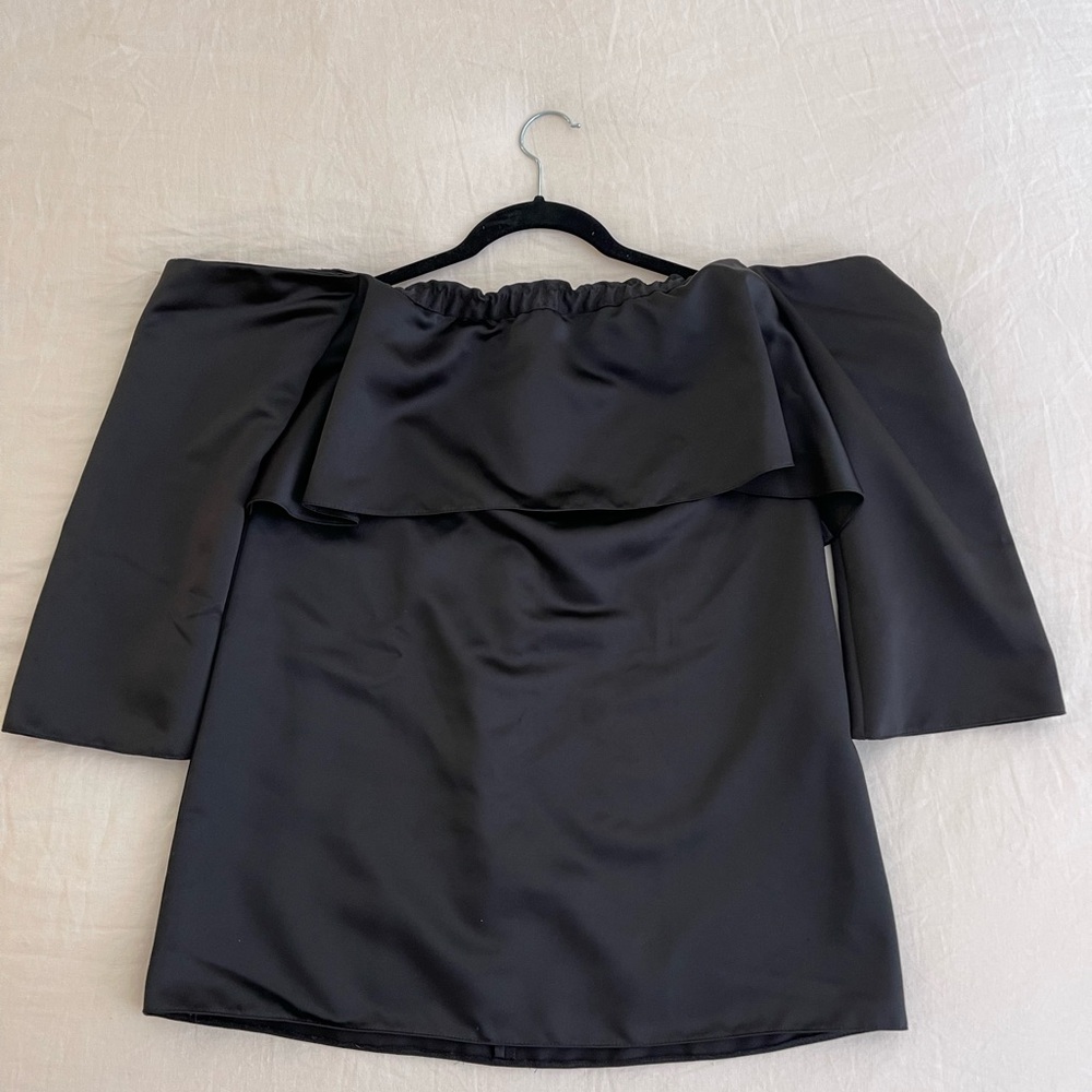 Zara Elegant Black Satin Off-Shoulder Cocktail Dress with Ruffle Detail